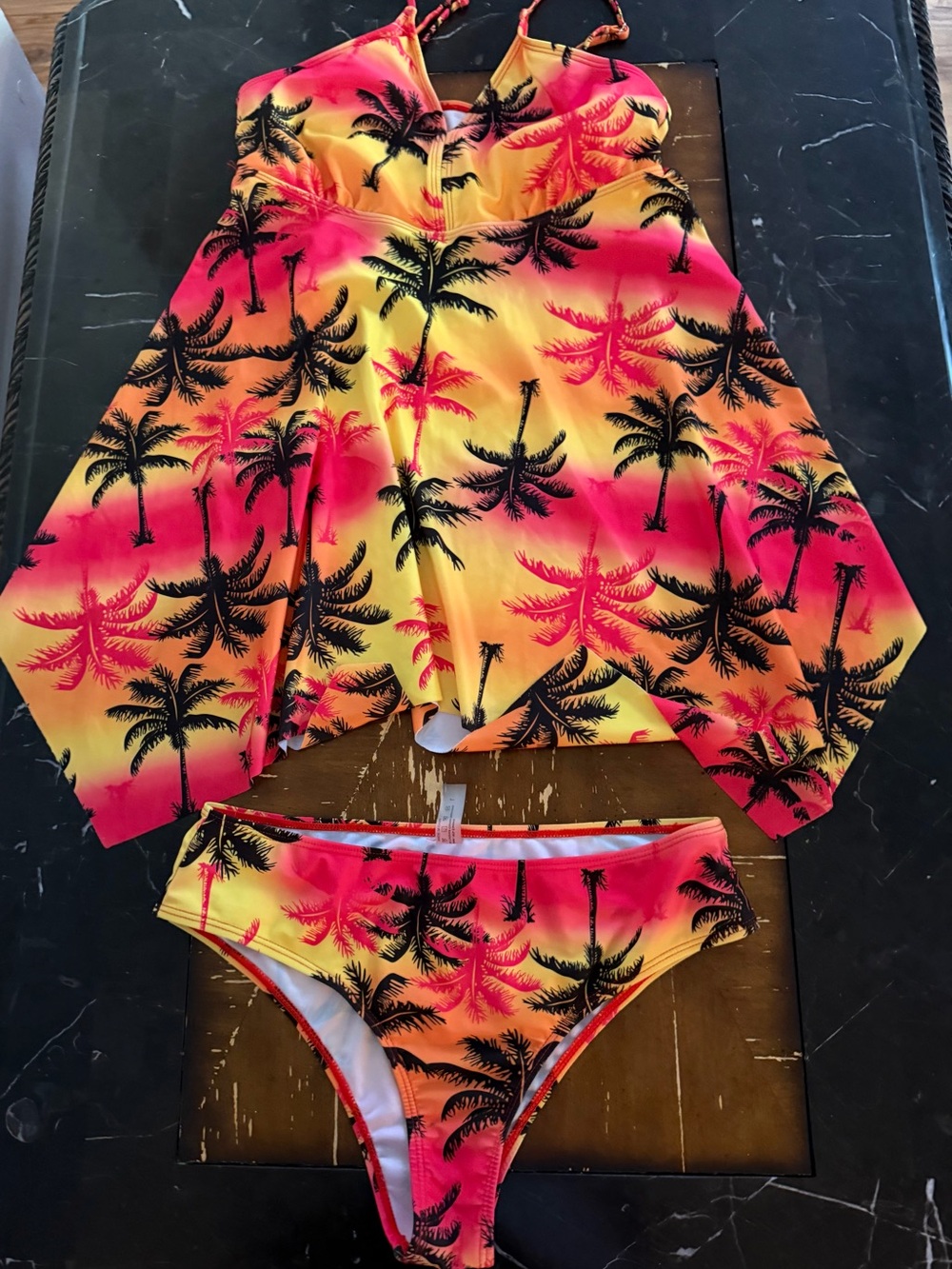 Swimsuits For All Yellow & Pink Gradient Palm-Print Two-Piece Swim Set